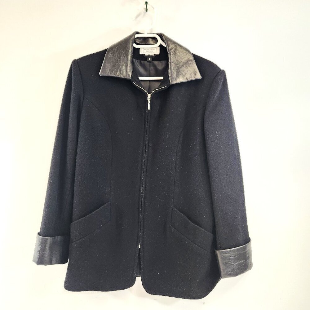 Beechers Brook Wool Zip Up Blazer Faux Leather Collar Sleeves - Size 6